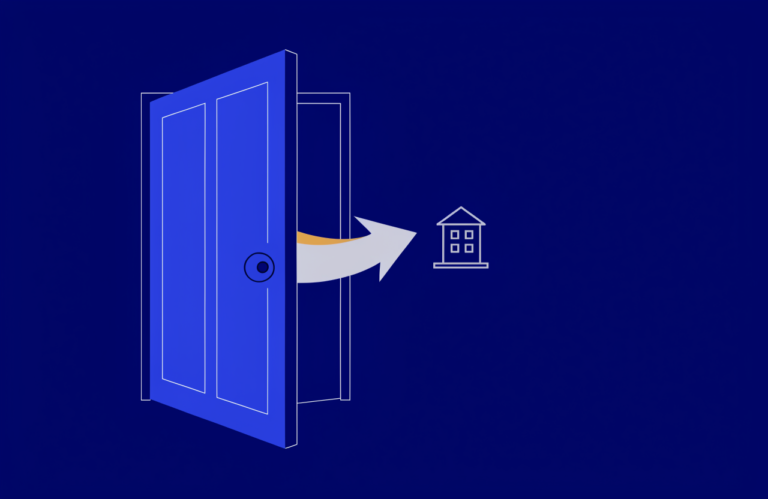A company exiting a PEO relationship, shown as a door with an exit arrow
